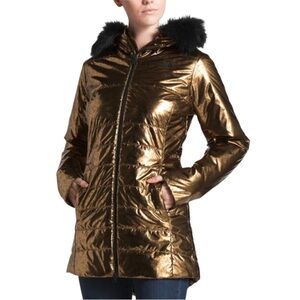 The North Face Puffer Jacket Womens Small Metallic Gold Black w Faux Fur